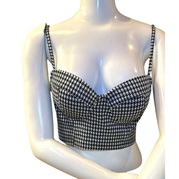 haute monde top L Bustier Black White houndstooth pattern crop strappy retro 90s - Picture 1 of 15